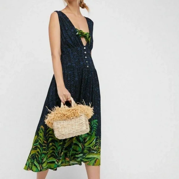 free people tropical heat maxi dress Rare Free People Tropical Heat Smocked Tie Asymmetrical Maxi Dress M